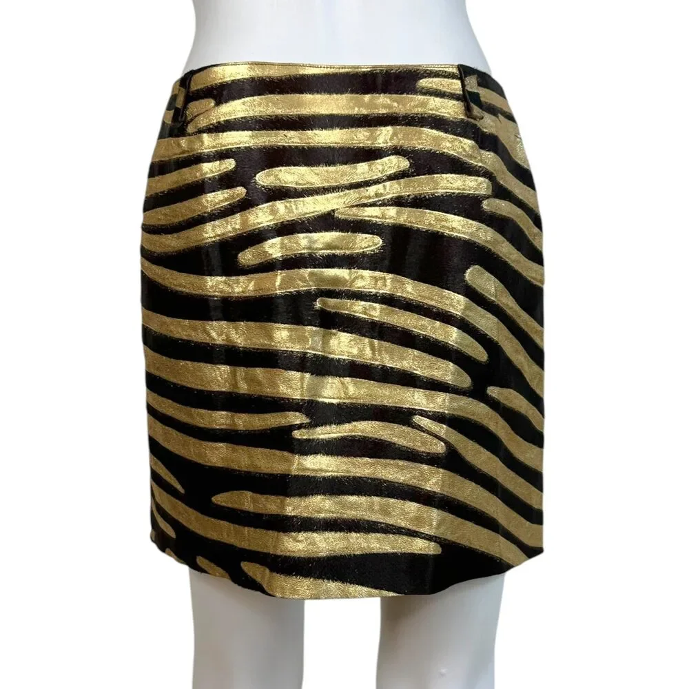 Chanel Cruise 2001 Gold Metallic & Brown Zebra Print Ponyhair Mini Skirt